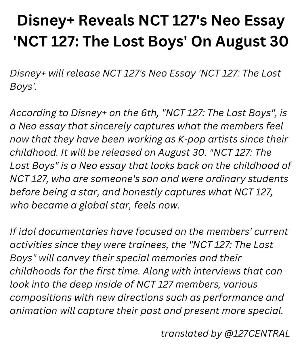 127CENTRAL's tweet photo. 230706 [PRESS] Disney+ Reveals #NCT127's Neo Essay 'NCT 127: The Lost Boys' On August 30

“‘NCT 127: The Lost Boys’ , is a Neo essay that sincerely captures what the members feel now that they have been working as K-pop artists since their childhood.” 

@NCTsmtown_127 https://t.co/VFAw0KSreB