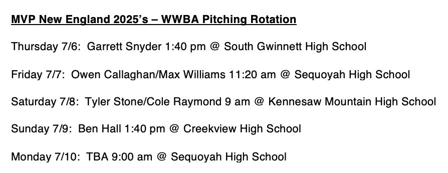 MVP National Recruiting Hub (@mvpbaserecruits) on Twitter photo <a href="/MVPNEBaseball/">MVP New England</a> 2025 WWBA pitching rotation for this week. Excited to compete at the best event of the summer! <a href="/MVPNEBaseball/">MVP New England</a> 2025 WWBA pitching rotation for this week. Excited to compete at the best event of the summer!