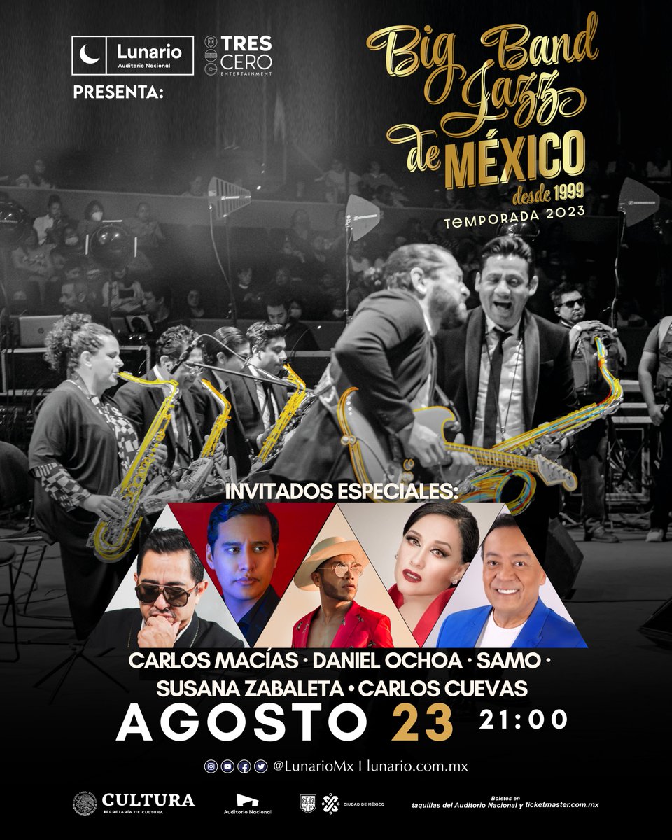 🎤🎶 Grandes voces se sumarán a la temporada de la <a href="/BigBandJazzMx/">Big Band Jazz de México</a> el 23 de agosto. <a href="/SAMOALLSTAR/">SAMO</a> <a href="/SusanaZabaleta/">Susana Zabaleta</a> <a href="/carlos_cuevas/">CARLOS CUEVAS</a> <a href="/carlosmaciasmex/">Carlos Macias</a>   y Daniel Ochoa. 

🎟️🎟️Adquiere tus entradas en taquilla y en línea.
ticketmaster.com.mx/big-band-jazz-…