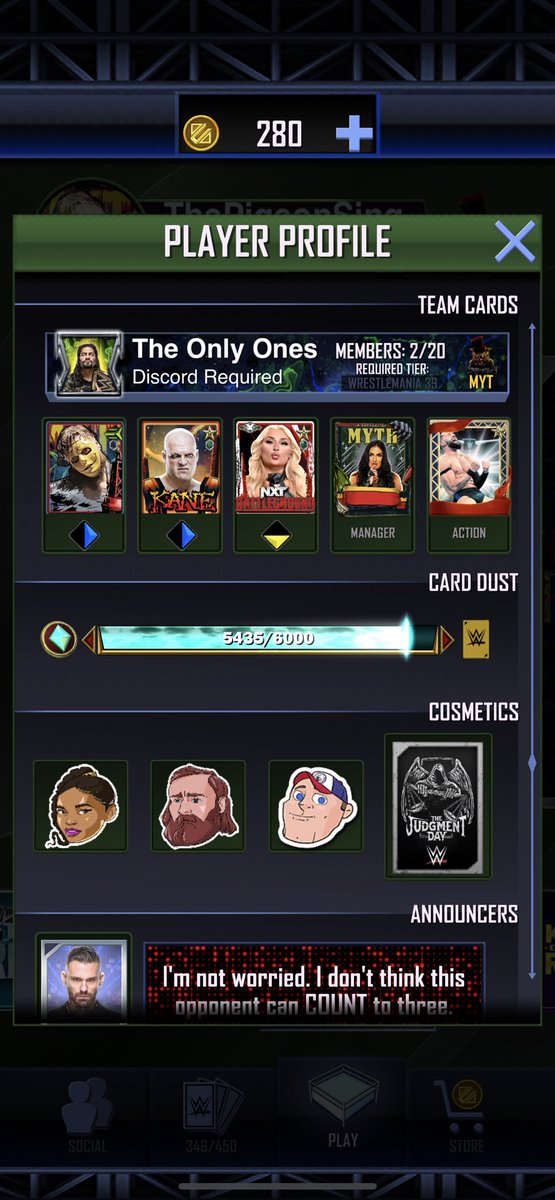ThePigeonSing's tweet photo. New team. Got more people joining tomorrow. Anyone interested message me. Discord required for easier communication 💪🏻 #wwesupercard #supercard https://t.co/We8EnnOtej