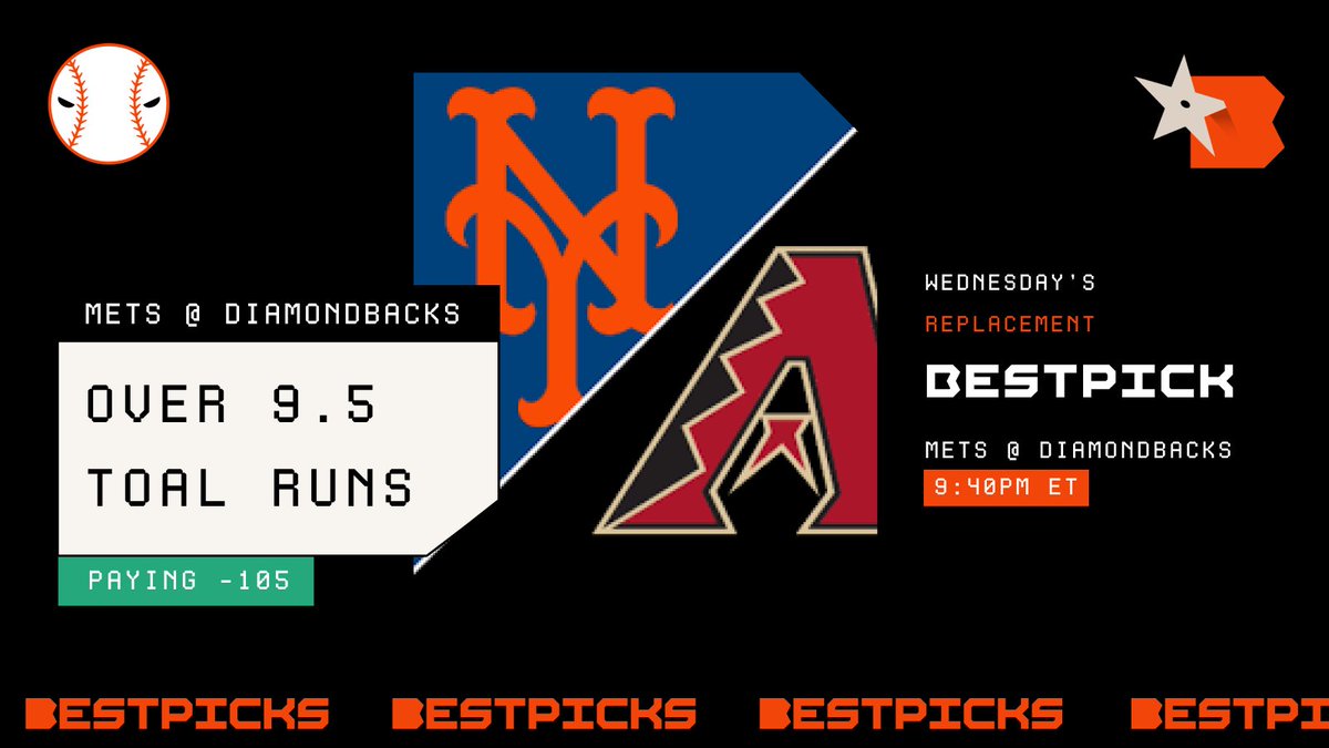 bestpicksdotcom's tweet image. Tonight's BestPick is still delayed due to the rain 🌧️

💰If it doesn't go ahead, we will switch out Daily BestPick to over 9.5 total runs in the Mets @ Diamondbacks game at -105 💰

#GamblingTwitter #MLB #MLBPicks