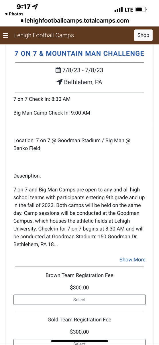 The <a href="/LehighFootball/">Lehigh Football</a> program looking for a couple more teams for Saturday’s 7v/Big man camp lehighfootballcamps.totalcamps.com/shop/EVENT