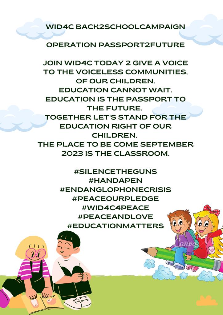 WomenWid's tweet photo. Wid4c listens and gives voice to voiceless communities. Together let's stand for the educational right of our children. THE PLACE TO BE IS THE CLASSROOM.
#Silencetheguns
#HandApen
#EndAnglophoneCrisis
#WID4C4Peace
#peaceandlove
#Cameroon
#yaoundécameroun
#educationmatters https://t.co/6IZUllRPeE
