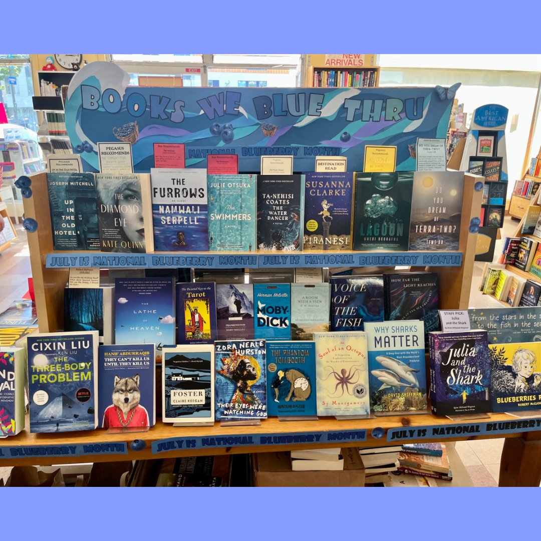 💙🫐Blue books at Pegasus Downtown (all read by Pegasus staff!) for #July, aka National Blueberry Month 🫐💙 #SummerReading