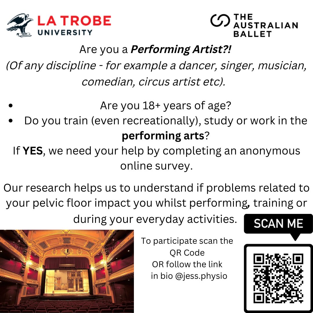 Jess Frydenberg (@jessf_physio) on Twitter photo Calling Australian performing artists to complete this anonymous survey: redcap.latrobe.edu.au/redcap/surveys…
The research will help us understand if problems related to your pelvic floor impact your performance or daily life
<a href="/S_Maysey/">Susan Mayes</a> <a href="/tendonpain/">Ebonie Rio</a> <a href="/HelenaFrawley/">Helena Frawley</a> <a href="/JodieDakic/">Jodie Dakic</a> Katia Ferrar Calling Australian performing artists to complete this anonymous survey: redcap.latrobe.edu.au/redcap/surveys…
The research will help us understand if problems related to your pelvic floor impact your performance or daily life
<a href="/S_Maysey/">Susan Mayes</a> <a href="/tendonpain/">Ebonie Rio</a> <a href="/HelenaFrawley/">Helena Frawley</a> <a href="/JodieDakic/">Jodie Dakic</a> Katia Ferrar