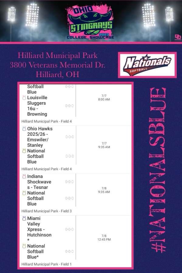 Come out and watch us play at the stingrays college showcase! 
<a href="/NatsPremier2025/">Nationals Premier 07</a> <a href="/BallStateSB/">Ball State Softball</a> <a href="/IndianaSB/">Indiana Softball</a>