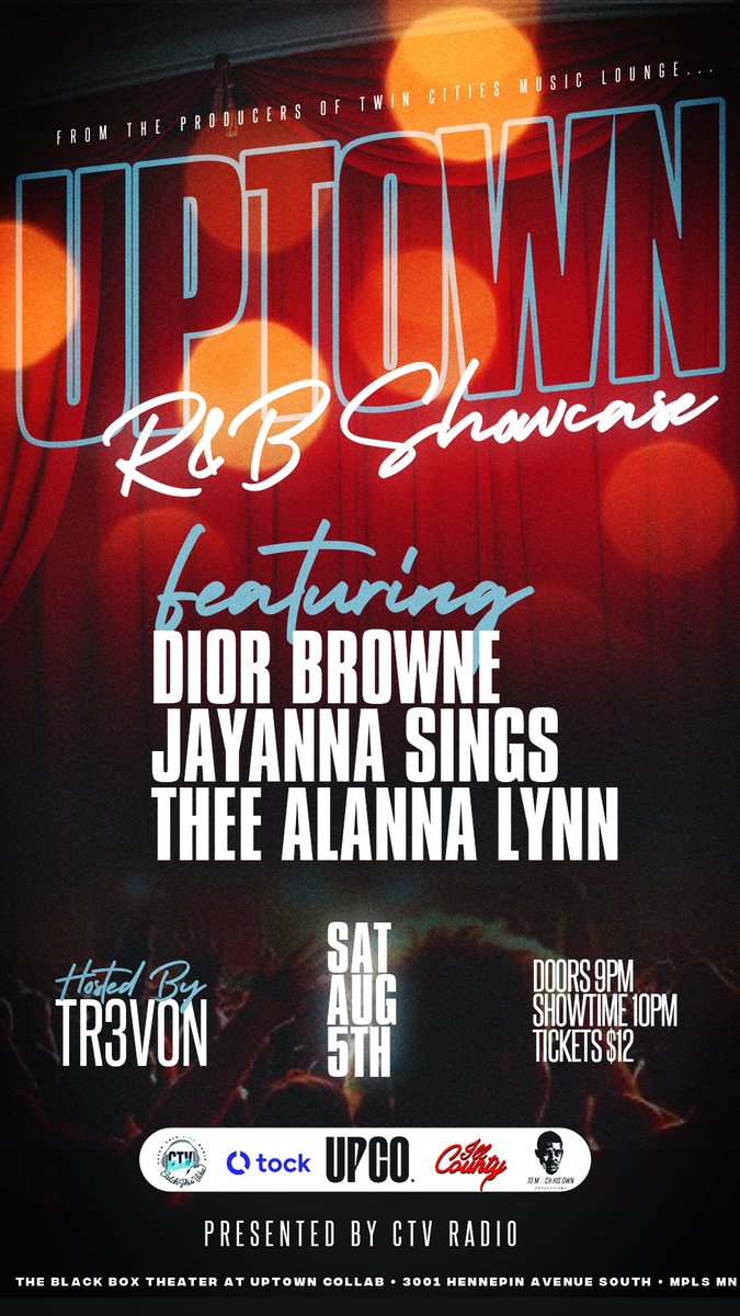 WE ONE MONTH AWAY!!
---

The Uptown R&B Showcase🎤🎶

Presented by CTV Radio 

#uptownrnbshowcase #ctvradio #rnb #livemusic #uptownmpls #mnartist