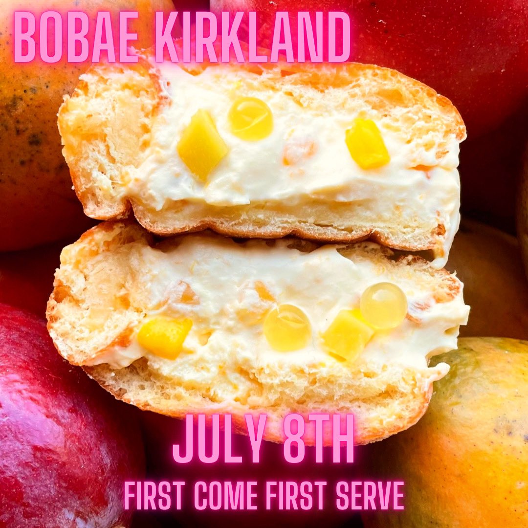 bobaeusa's tweet photo. This Saturday Kirkland with 800 Folds Brown Sugar Boba!!! 

Are you ready for our Summer Bobae Donuts? This Mango explosion is perfect for any mango lovers! Soft donut encasing creamy housemade mango goodness! 

See you at Bobae Kirkland this Saturday! 

#bobaeusa https://t.co/Ie4nZuZuMk