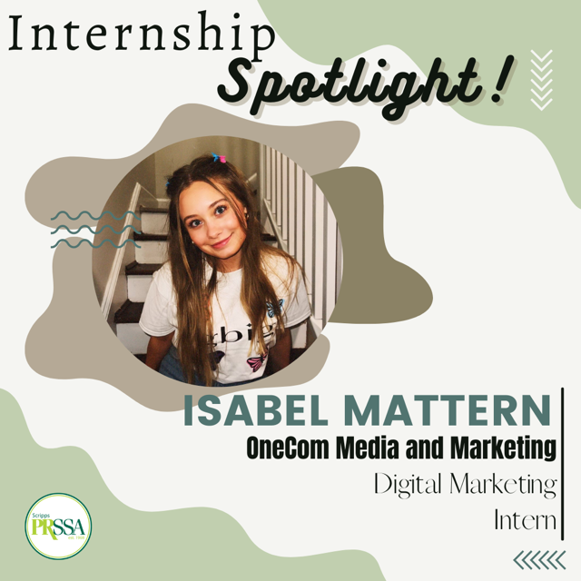ScrippsPRSSA's tweet photo. Hey hey!! 👋

Our next #ScrippsPRSSA internship spotlight is on Isabel Mattern! 🔦

Isabel is a Social Media Marketing Intern at OneCom Media &amp; Marketing!

She says that she is so excited to be able to start their TikTok account!! https://t.co/PpBdl1ZCVJ