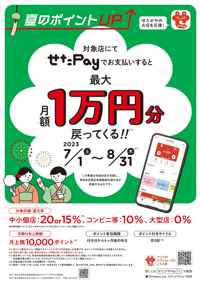 setagaya_pay's tweet photo. 「夏のポイントアップ！せたがやのお店を応援！」企画が始まりました🎉

皆さんもうせたPay利用しましたか？

対象店舗でせたがやPayのコインでお支払いすると支払額の最大20%のポイント（最大月額1万円分）を還元します！ 

 ※予算上限に達し次第事前予告なしに早期に終了する場合がございます https://t.co/Mp5R0ngDSn