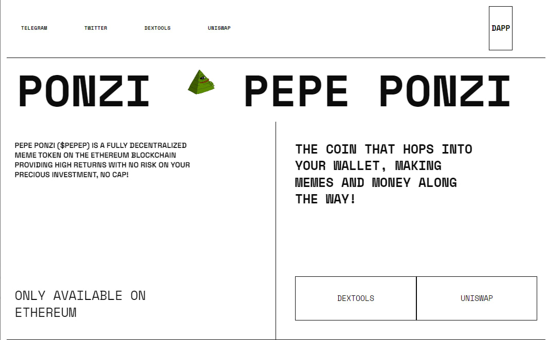 JammaPelson1's tweet photo. PEPE PONZI ($PEPEP)

This one just launched, website looks clean and it looks like it can start a new meta. It looks like they're trying to do a ETH doubler ponzi as well. 

1/1 tax, LP burned.

TG: https://t.co/lNNHltbi21
T. https://t.co/QvCNfMWLo5

https://t.co/vGo3Vn6lXA https://t.co/ZR0GNROq5f