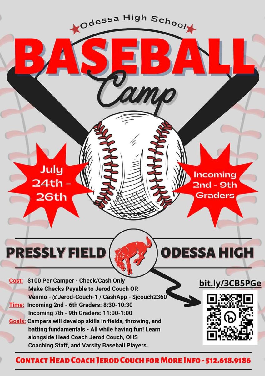 Odessa High Youth Baseball Camp is just 3 weeks away!! Make sure and get pre-registered to help with head count and shirt orders. We look forward to seeing all the future Bronchos!!