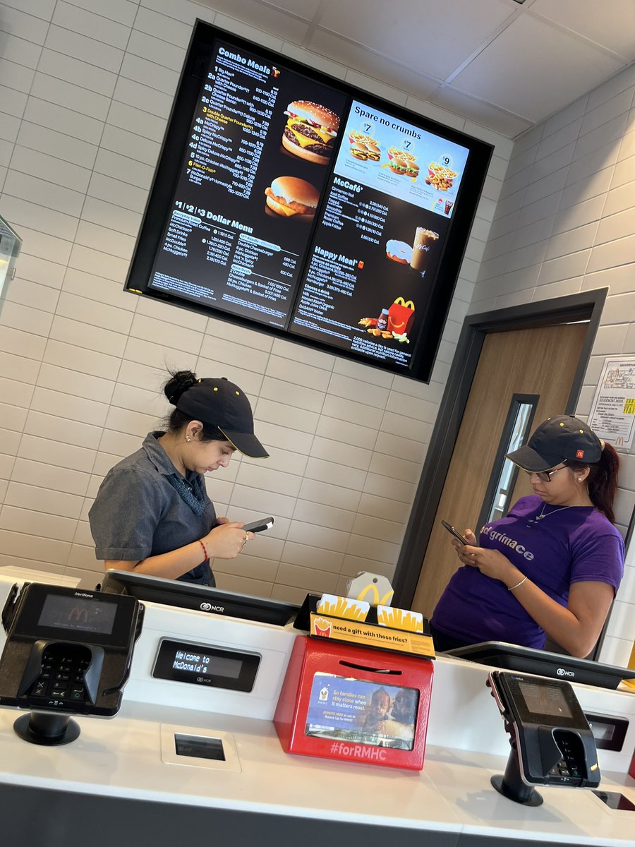 Michae1R's tweet photo. @McDonalds tried to get a Grimace shake today, these 2 said they were too busy to take my order https://t.co/yT4lPXzWzU