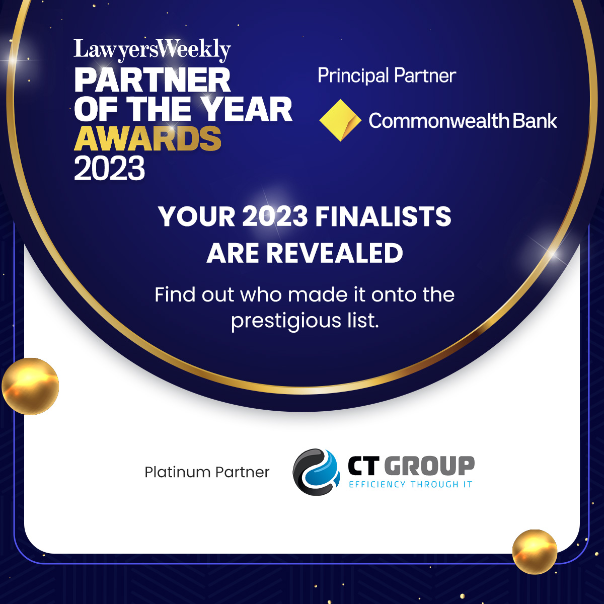 CTGroupAU's tweet photo. We are very excited to once again be partnering up with @LawyersWeekly for their prestigious #partneroftheyearawards 2023. Congratulations to all the finalists, that can be viewed here: https://t.co/gYSQb5hy5r. https://t.co/8uftyNlMQy