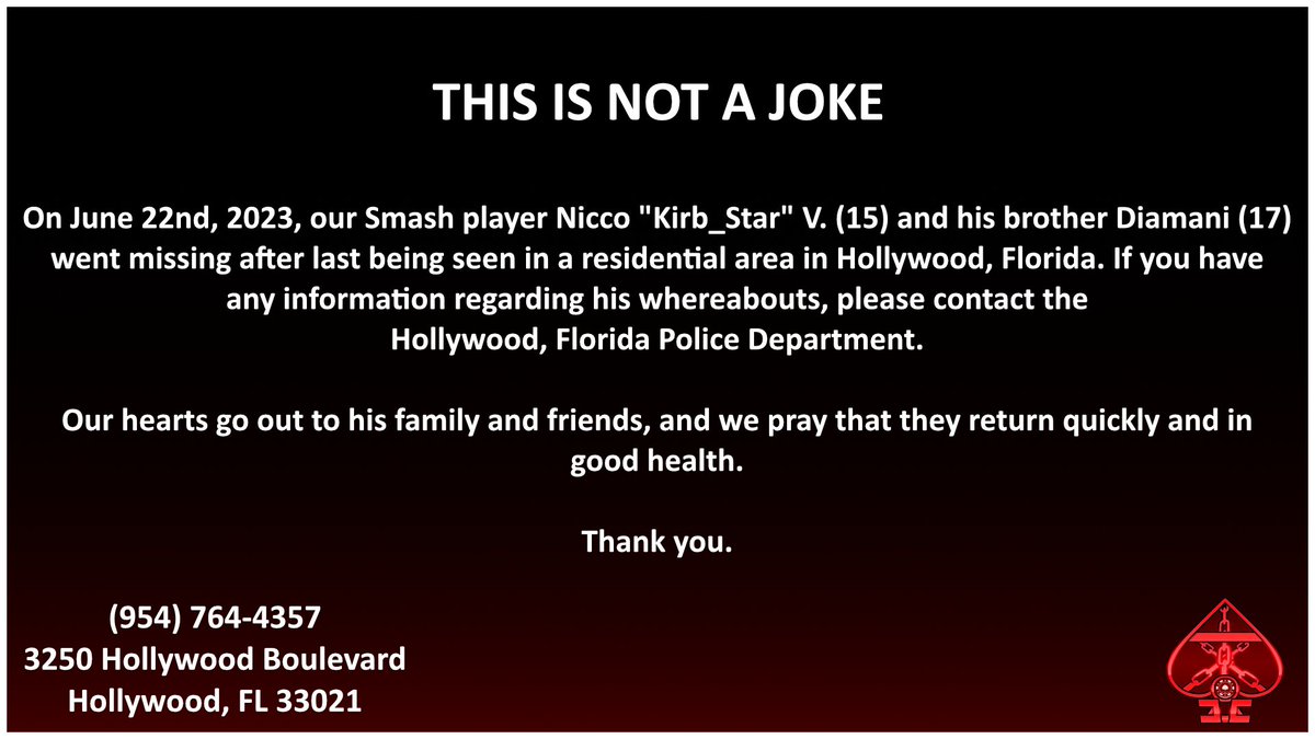 Ace Of Cards Esports (@aceofcardesport) on Twitter photo Our hearts go out to the friends and loved ones of <a href="/star_kirb/">AoC | Kirb_Star</a>. Please help us find him and pray that him and his brother return safely. Thank you. Our hearts go out to the friends and loved ones of <a href="/star_kirb/">AoC | Kirb_Star</a>. Please help us find him and pray that him and his brother return safely. Thank you.