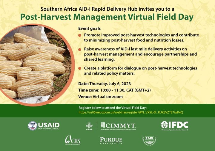 Let's take you to a Post-Harvest Management Virtual Field Day.

Join us and get a glimpse of the work we are co-developing with farmers &amp; partners through the Southern Africa #AIDI Rapid Delivery Hub.

🗓️July 6, 2023
⏳10:00-11:30 CAT (GMT+2)
🖊️Register: bit.ly/3phTsCN