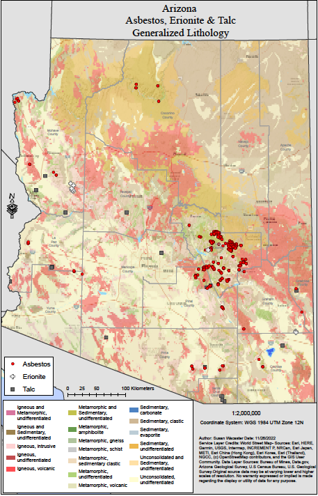 IAmAThinkTank's tweet photo. #asbestos #erionite #talc #lithology #Arizona Locations of known #asbestos #erionite and #talc minerals with generalized lithology in Arizona https://t.co/hhmRd2yuM3