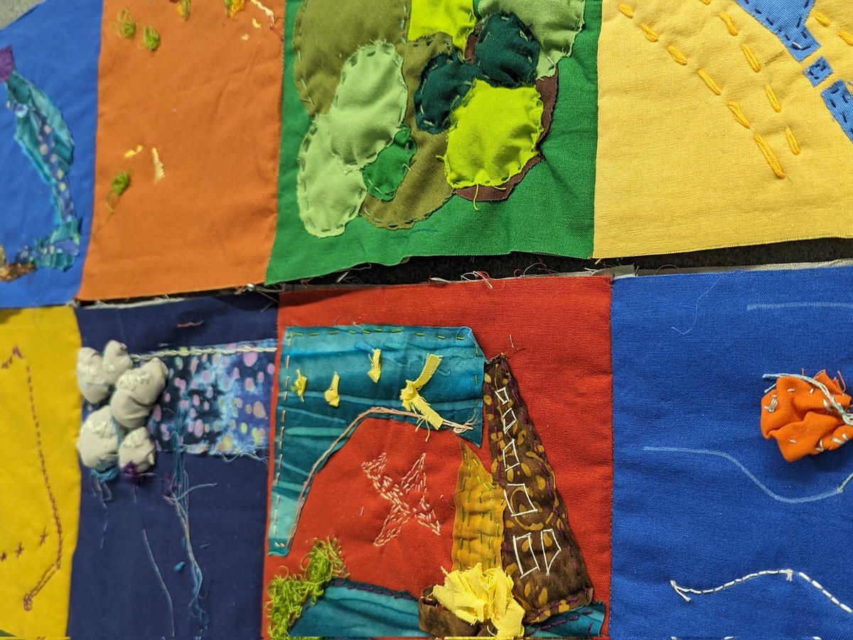 Starting to sew #iag2023 collaborative #quilt together depicting im/mobility. Looking &amp; feeling gorgeous.

Pop in to Room 418.207 any time and sew a square or take a look. Plenty of time and materials available.

Attempting to sew together by Friday afternoon!

#geography #art