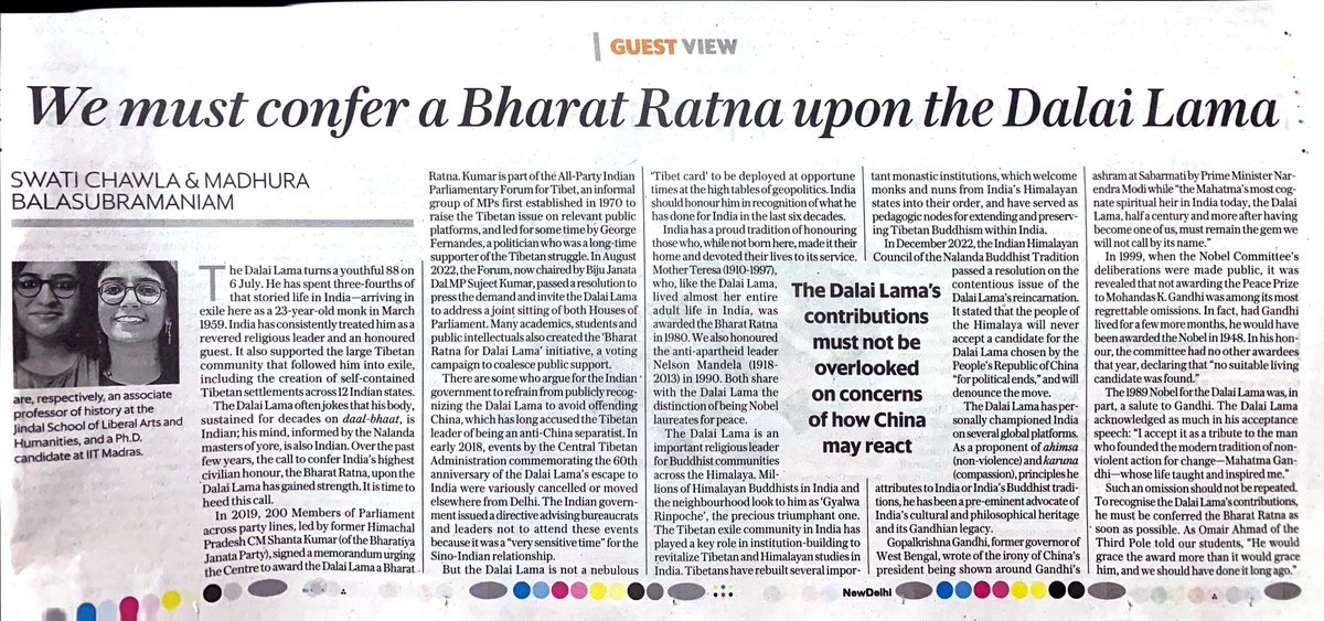 On the occasion of @DalaiLama’s 88th birthday, in recognition of six decades of service to our land and our people, @MadhuraB_ and I argue in today’s @livemint that India must confer the Bharat Ratna upon him. Read here: livemint.com/opinion/online…