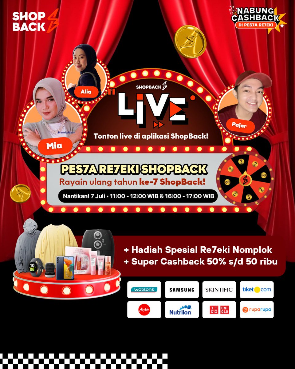 BESOK bakal ada livestream PES7A RE7EKI ShopBack di aplikasi ShopBack! Ada hadiah spesial Re7eki Nomplok dan Super Cashback 50% s/d 50 ribu! 

Jangan lupa nonton yaaa 😍