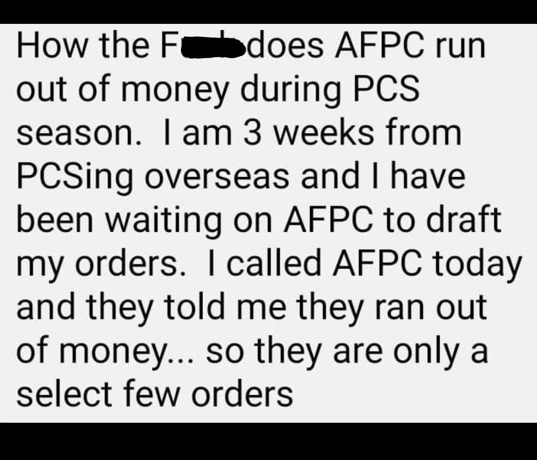 Billets_TDYHous's tweet image. Anyone else wondering what happened to the #PCS funds?
#HAF #AFPC #PCSseason #TDY #ALS #NCOA #SNCOA #AMOC #MOIC #LROC #SOS #ACSC #DITYMove #TMO #Reddit #AHRN #MyBaseGuide