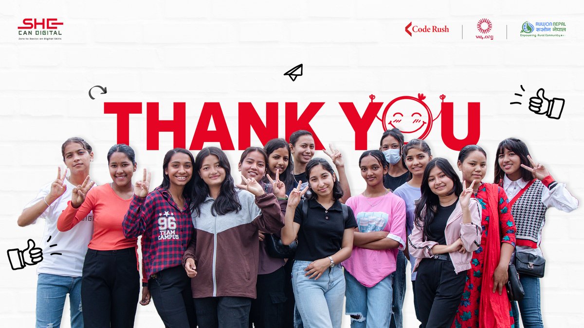 Coderushnepal's tweet image. A heartfelt thank you to our partners @WomensW4, @nepalruwon and the young girls who embarked on the empowering journey of She Can Digital. To our amazing participants, you are the true stars of this journey. We believe in you!
#CodeRush #SheCanDigital #w4 #ruwon #ruwonnepal