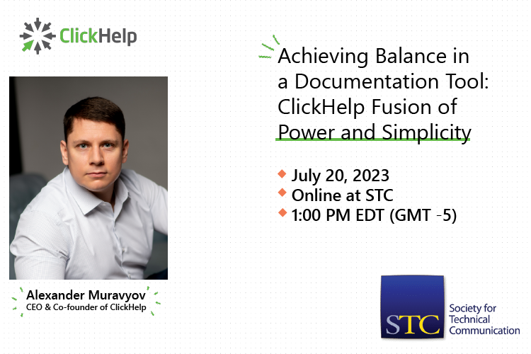 ClickHelpNews's tweet image. We invite you to join us for an insightful webinar titled “Achieving Balance in a Documentation Tool: ClickHelp Fusion of Power and Simplicity,” that will be available online at STC!

#webinar #technicalwriting #techcomm #clickhelp #technicalwriter #technicalcommunication #stc