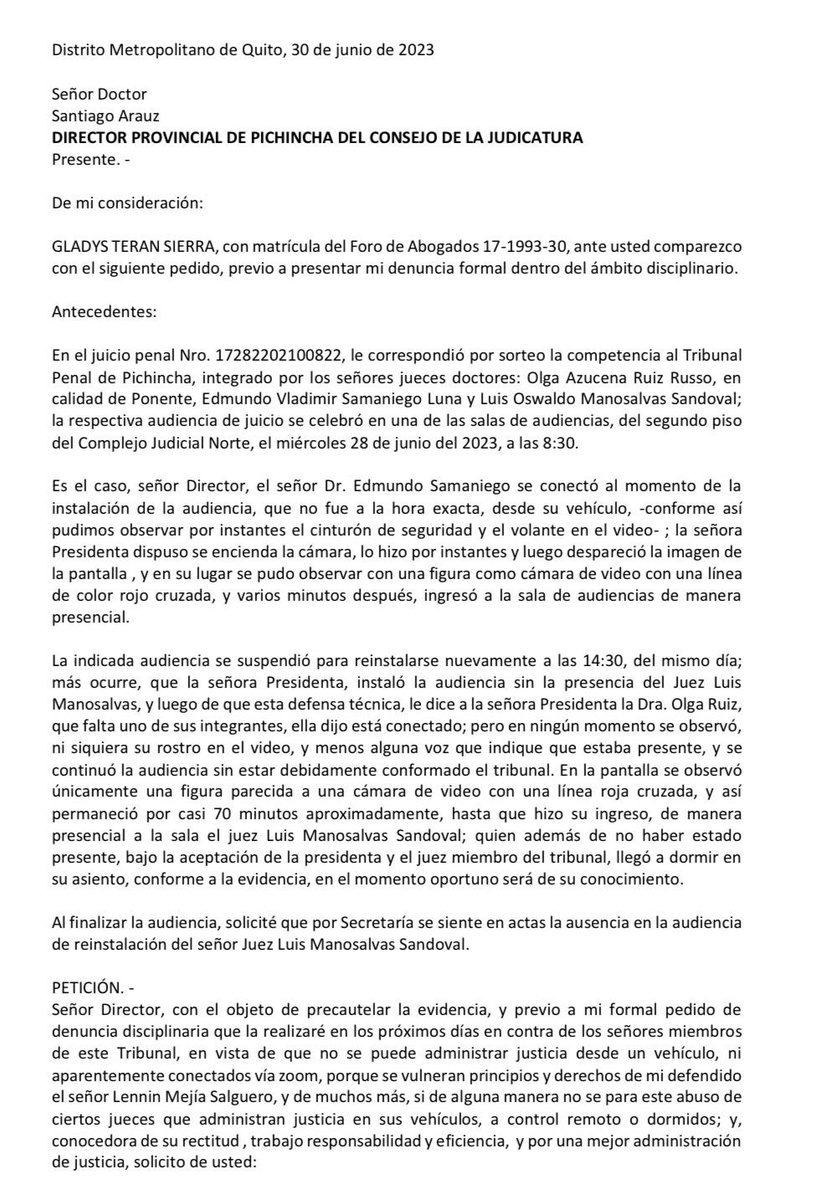 gets1963s's tweet photo. Abogados y justiciables merecemos respeto;  están en juego el principio de inocencia y el ser escuchados en  una sala de audiencias, no conduciendo un vehículo o dormidos, haré valer el principio de inmediación ante el Consejo de la Judicatura @CJudicaturaEc  @teran_wilman https://t.co/d2okiJk3au
