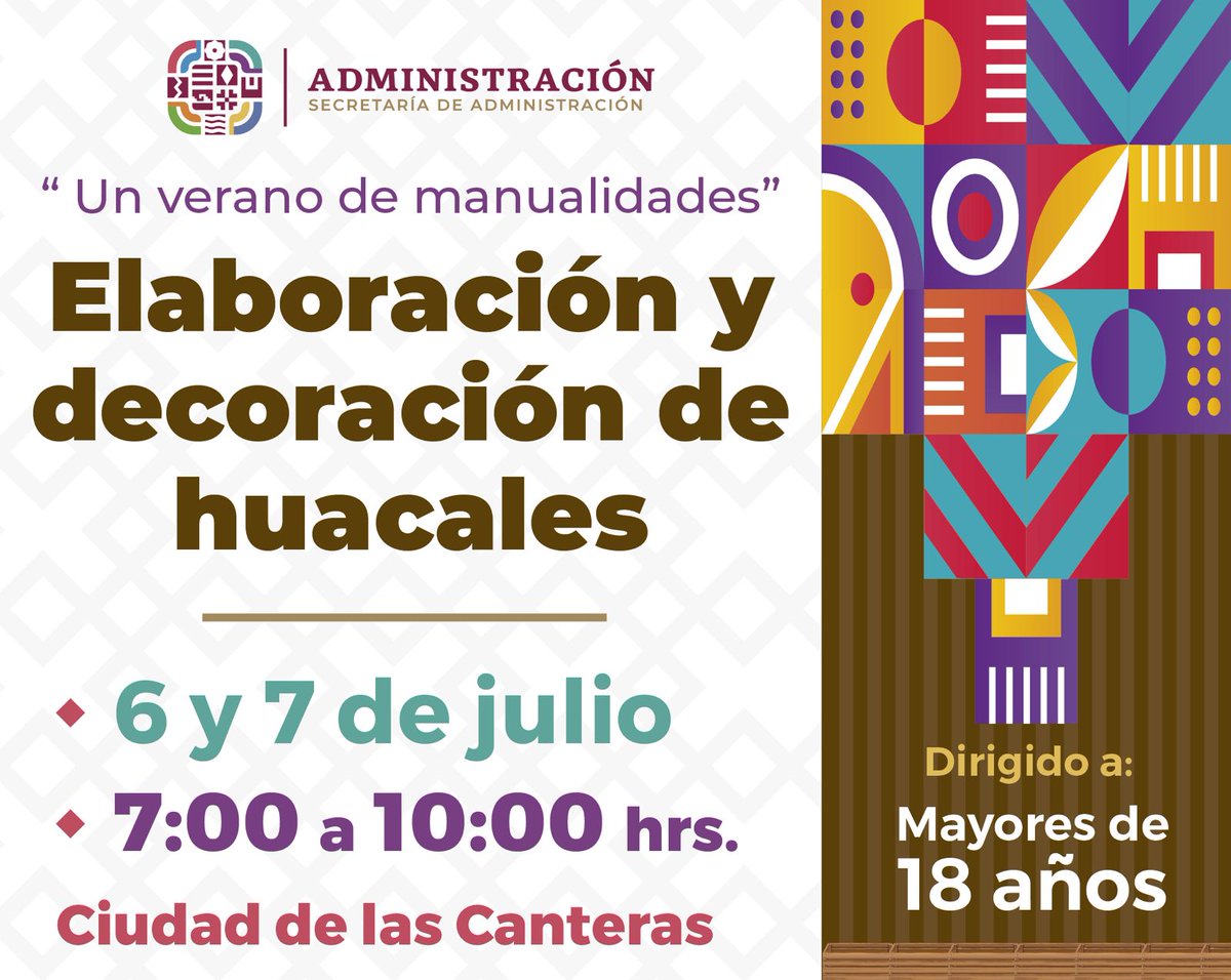 Admon_GobOax's tweet photo. ¿Te gustan las manualidades? 🤩✂️

Ven al parque Ciudad de las Canteras, te enseñaremos técnicas para elaborar y decorar huacales. 🖌️

🗓️ 6 y 7 de julio | 🕔7:00 a 10:00 hrs.
👩🏽👨🏽 Mayores de 18 años. https://t.co/jjhYCaQDPT