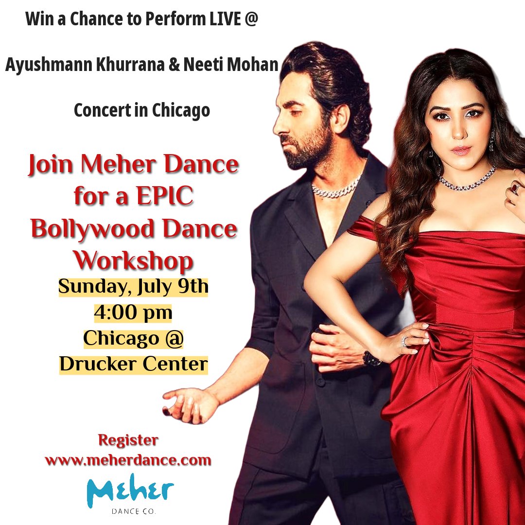 🚨 Bollywood Dance Workshop Alert 🚨 July 9th at 4:00 pm in #Chicago . Learn a Fun Routine, Show Your Best Moves, Win a Chance to Dance on Stage with Meher Dance Troupe @  Ayushmann Khurrana &amp; Neeti Mohan Concert MEHERDANCE.COM .   #Dance #Workshop #Bollywood