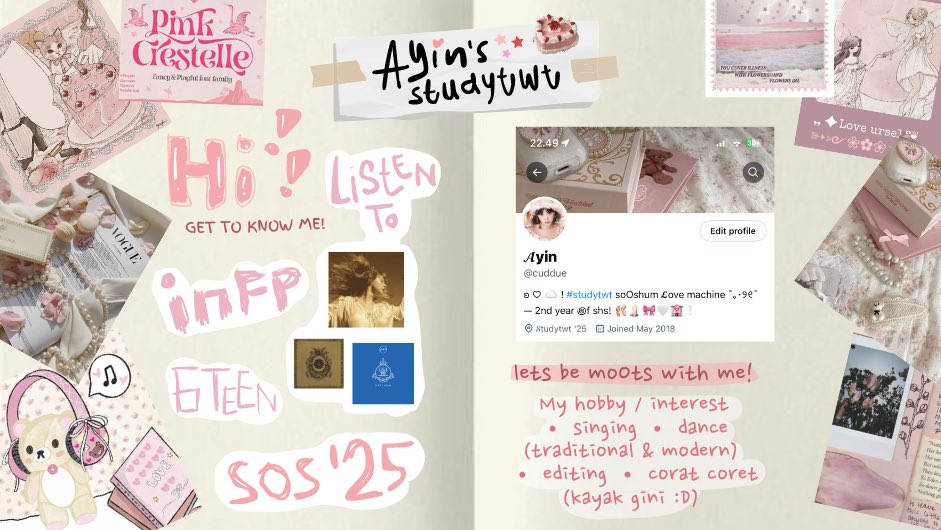 (๑>◡<๑) — hi buddies! i’m newbie in #studytwt and i’m loOking for new mOots❕🩰🤍

📓get to know me byf 🖇️
₊˚ˑ༄ؘ  call me ayin • she/her • indo 
₊˚ˑ༄ؘ  07 n soon to be 11th grade! 
₊˚ˑ༄ؘ  dnf if your acc is not a studytwt acc

˚୨ ♡ ୧⋆｡˚ ⋆ let’s be friends ! 🎀