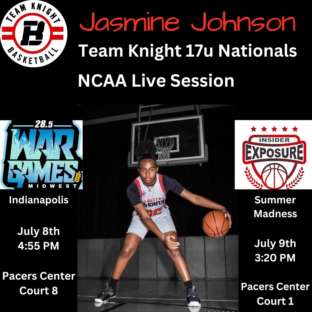 Meet me in Indy! Schedule drop for <a href="/teamknighthoops/">Team Knight Hoops</a> 17U Nationals Indiana Tournaments July 8-11th! Games subject to change, times can be found on the <a href="/InsiderExposure/">InsiderExposure</a> app. Games will be played at Pacers Athletic Center in Westfield, IN. Lets’s work! ❤️🖤❤️🖤