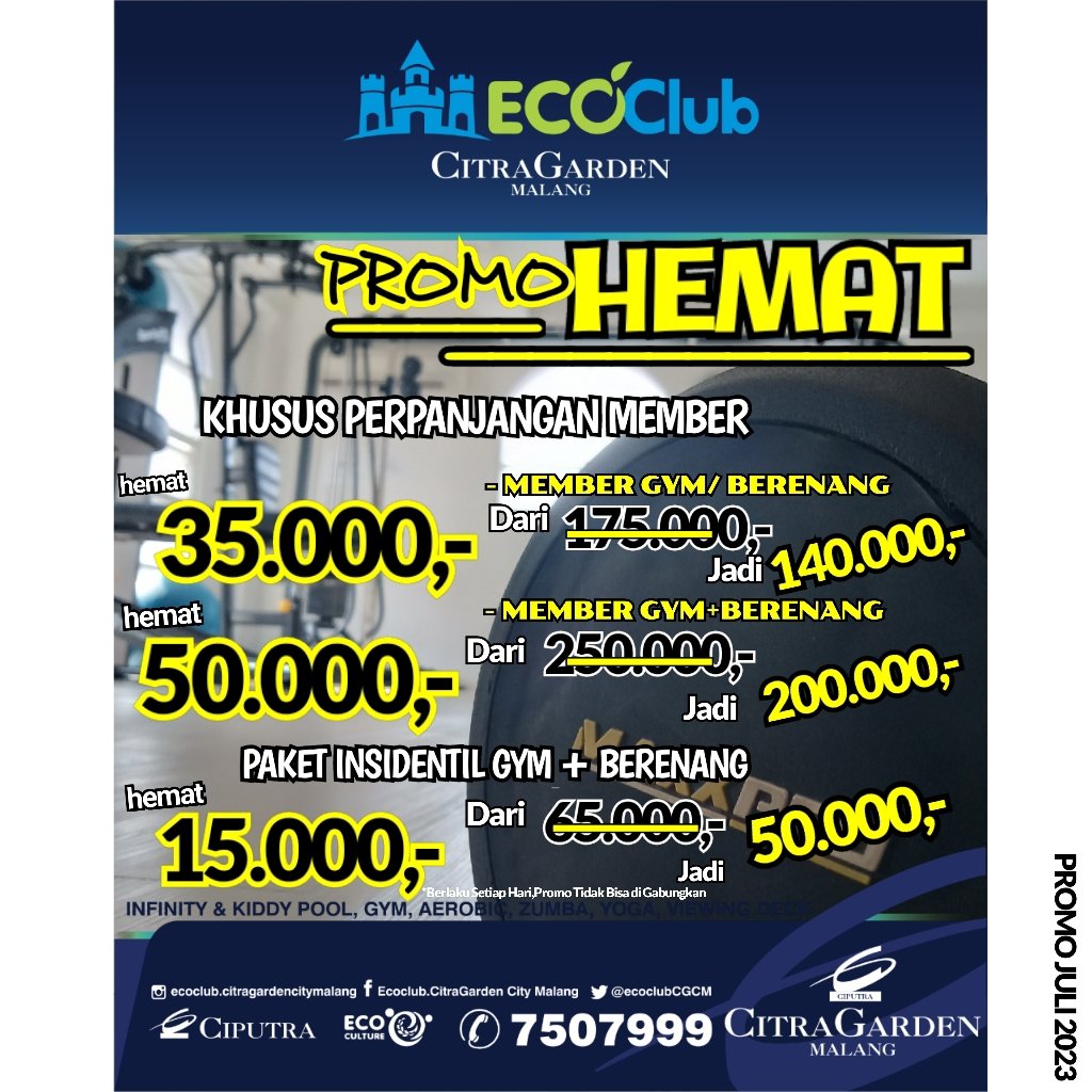 ecoclubCGCM's tweet photo. PROMO JULI 2023 @ecoclubCGCM KUY!
.
#ecoclubcitragardenmalang #kolamrenangdimalang #FIFA #Mbappe #QRIS #ecoclubgym #ecoclubkolamrenang #sportcenter #infomalang #ciputra #kolamrenangecoclub #gym #infinitypool #kolamrenangkotamalang #beli1gratis1 #buy1get1free #memberecoclub https://t.co/D0Y6227tdQ
