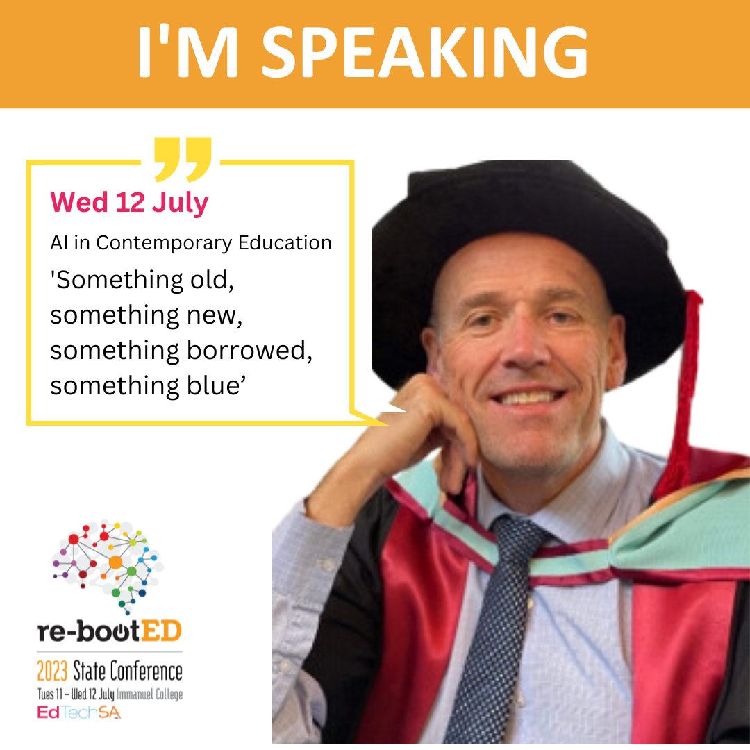 EdTechSA's tweet image. Nick Jackson, Leader of Digital Technologies at Scotch College,  is a keynote speaker at re-bootED presenting 

* Something old, something new, something borrowed, something blue’ – AI in Contemporary Education

Register now edtechsa.sa.edu.au/2023-conferenc…

#Adelaide #teachers #EdTechSA