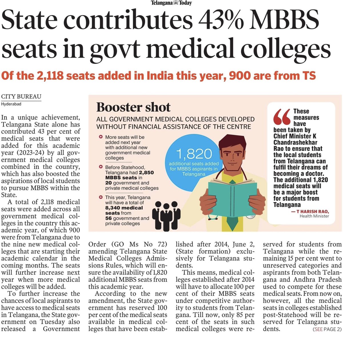 #TelanganaModel 👇 

• 44% of total IT jobs created in country in 2023 are from Telangana 

• 43% of MBBS seats added in country in 2023 are from Telangana 

These numbers speak volumes about #TSGovt’s unwavering commitment towards progress & development 👏
