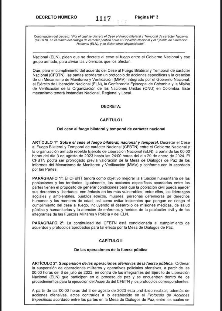 VickyDavilaH's tweet photo. Este es el decreto manchado de sangre del cese al fuego entre el ELN y el Gobierno Petro. Horas antes los criminales asesinaron policías, secuestraron a una mujer sargento del Ejército y a sus dos hijitos, uno de ellos autista. Y sembraron el terror a punta de bala. Así los premian.