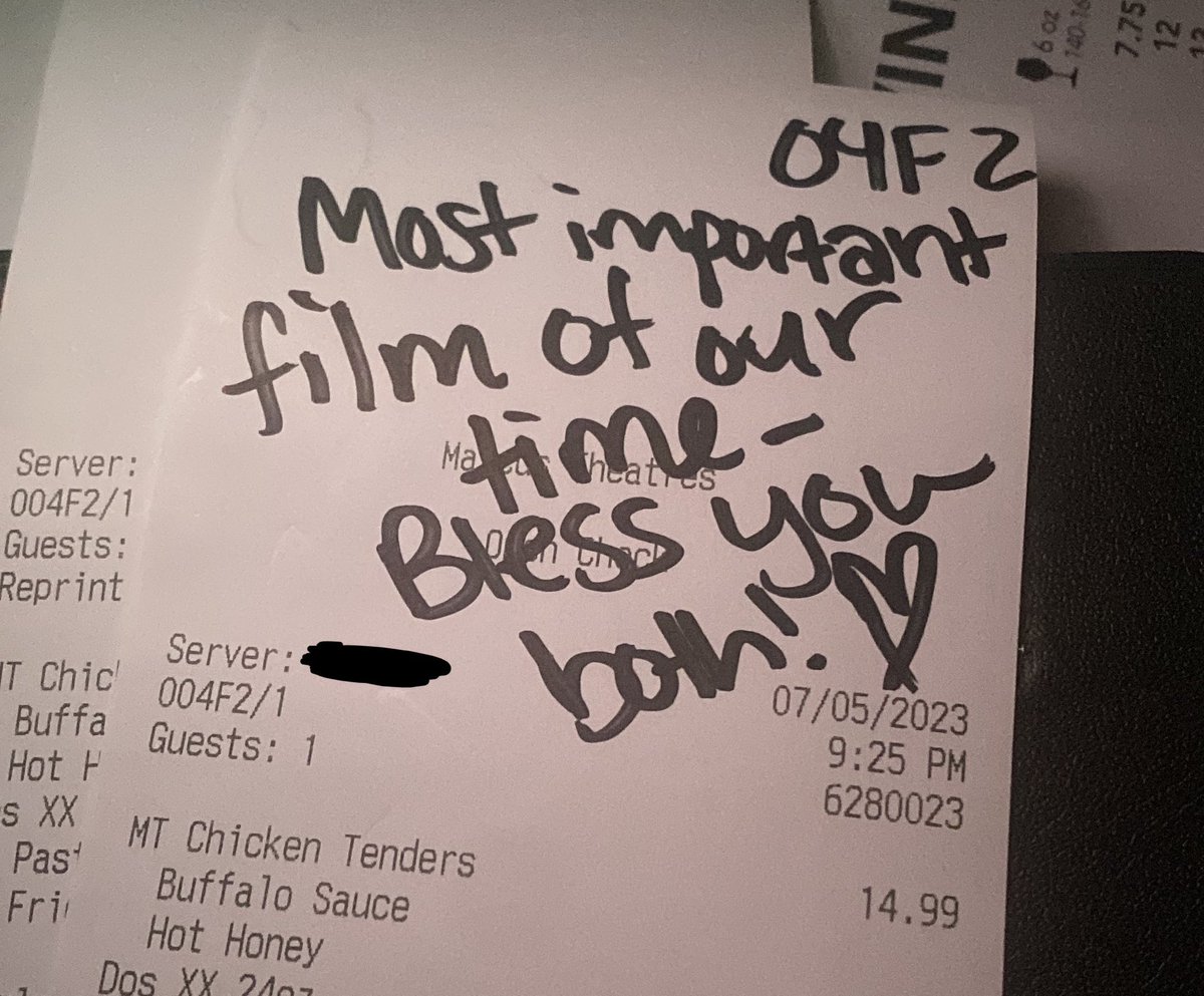 Buddy of mine just saw Sound of Freedom at a Movie Tavern in PA and look what the waitress wrote: