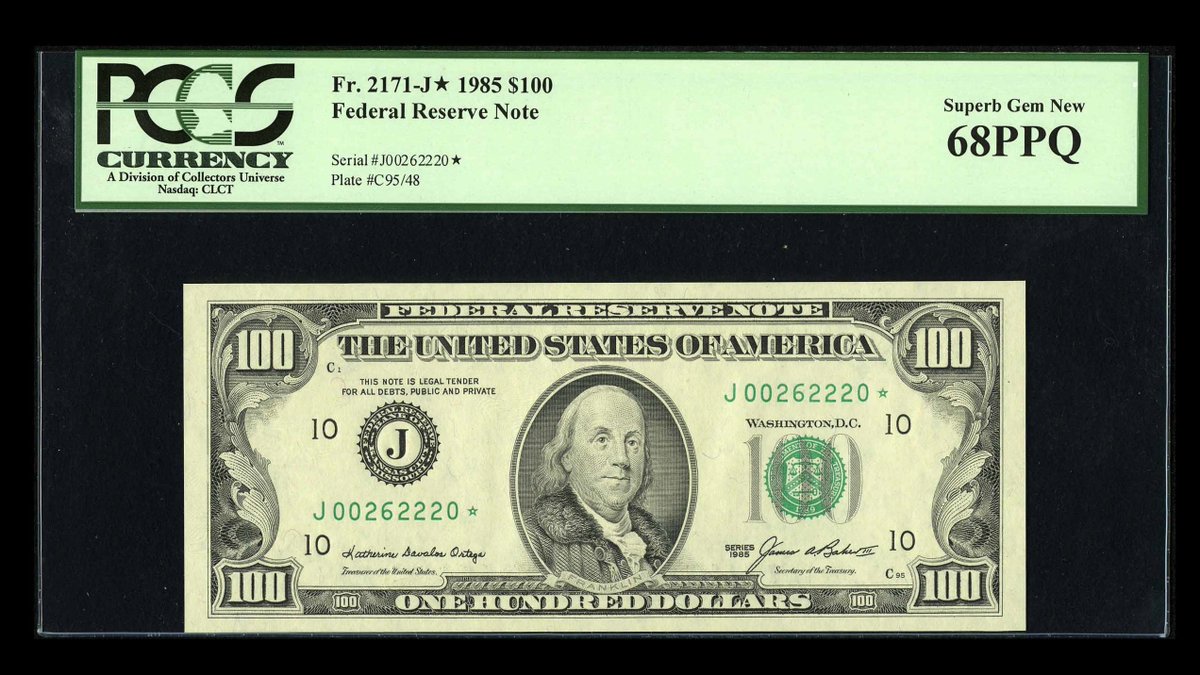 SPMC_1961's tweet photo. Society of Paper Money Collectors Presents the Note of the Day!
$100 1985 Star Federal Reserve Note Kansas City
fr.2171-J*
Photos Courtesy of Heritage Auctions
#Noteoftheday #Societyofpapermoney #papermoney #History #Franklin #onehundred #greenseal #smallsize #PCGS https://t.co/gOWqnij0ki