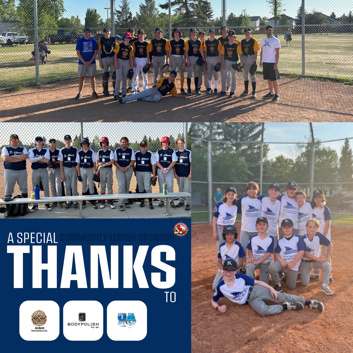 StAlbertBSB's tweet photo. SAMBA would like to thank Ardent Roof Systems Inc, Body Polish Day Spa and OceanAir Designs for sponsoring these Community League teams this summer! 🙌🏻 #SAMBAFamily https://t.co/tbJtYSwjt2