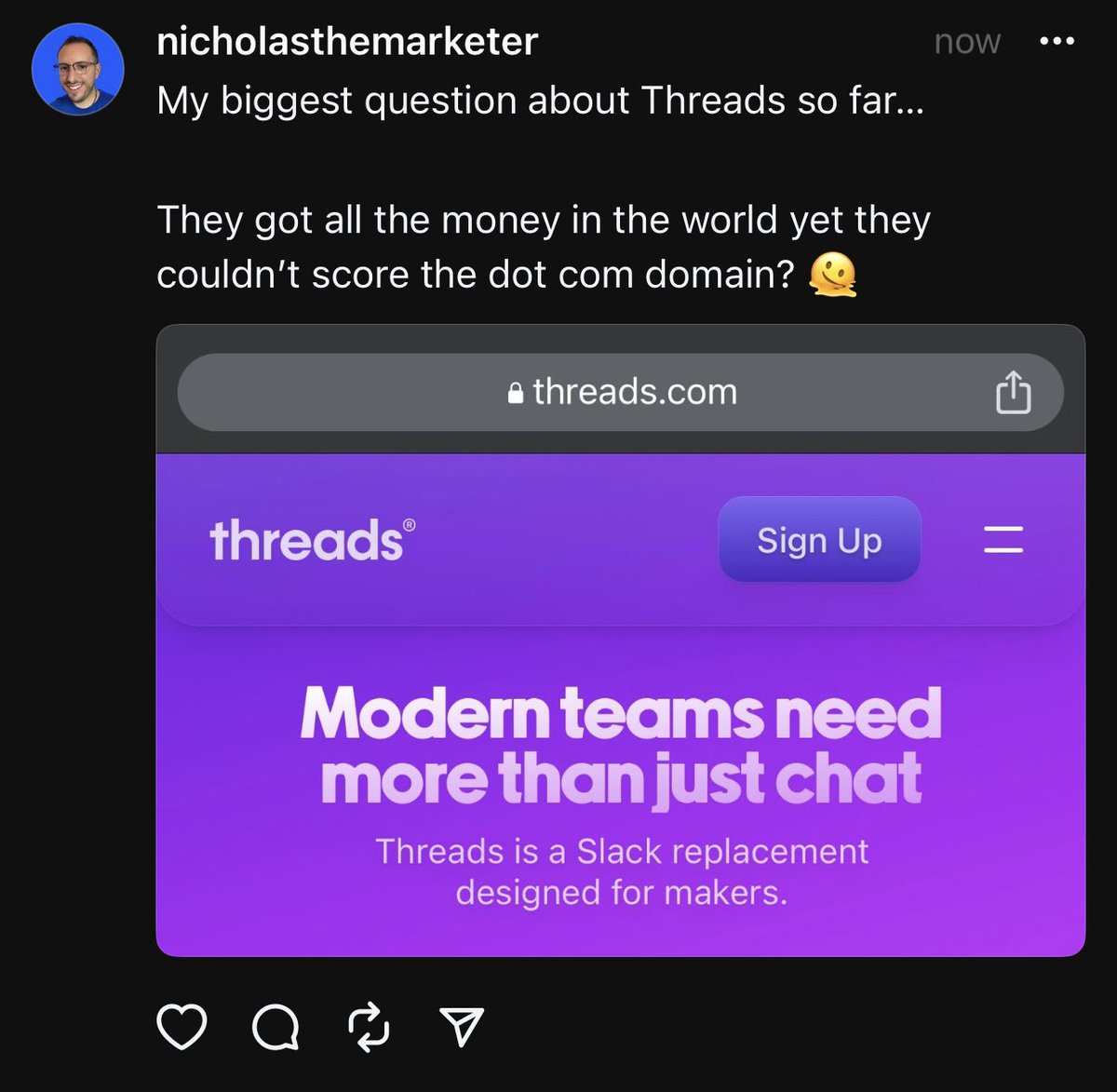 Nicholas Scalice (@nscalice) on Twitter photo Posting a screenshot from Threads on Twitter is going to be the new version of posting a screenshot from Twitter on Instagram. 
Let that sink in. Posting a screenshot from Threads on Twitter is going to be the new version of posting a screenshot from Twitter on Instagram. 
Let that sink in.