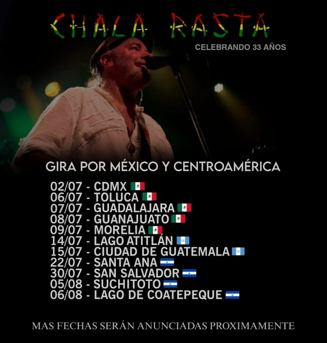 Gira por México y Centroamérica
📅 julio y agosto 
🎼 🎵🎶
📍🇲🇽 🇬🇹 🇸🇻
Entradas en venta en boletia.com
#Reggae
#Gira
#ChalaRasta 
#Mexico
#Guatemala
#ElSalvador