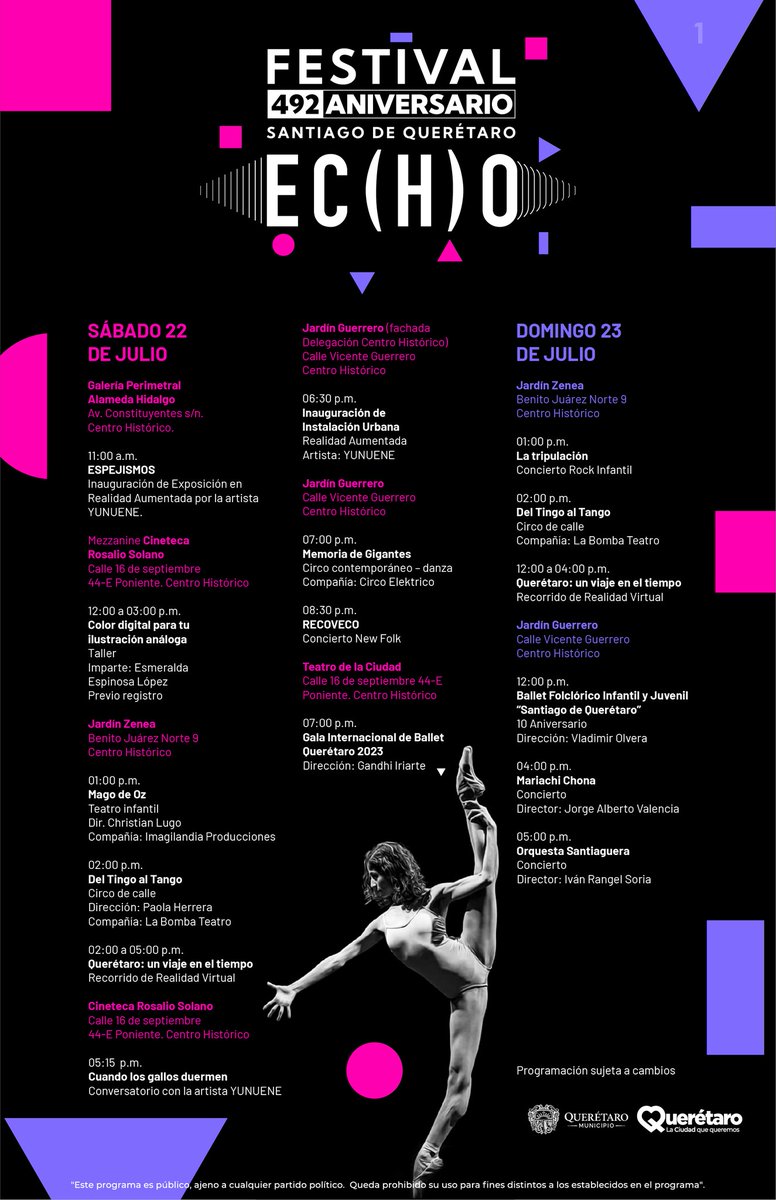 Del 22 al 30 de julio no te pierdas todas las actividades de FESTIVAL 492 ANIVERSARIO SANTIAGO DE QUERÉTARO EC(H)O
📷 32 Actividades de: danza, música, cine, teatro, realidad aumentada, realidad virtual, exposiciones, talleres y arte urbano.
TODAS LAS ACTIVIDADES SON GRATUITAS