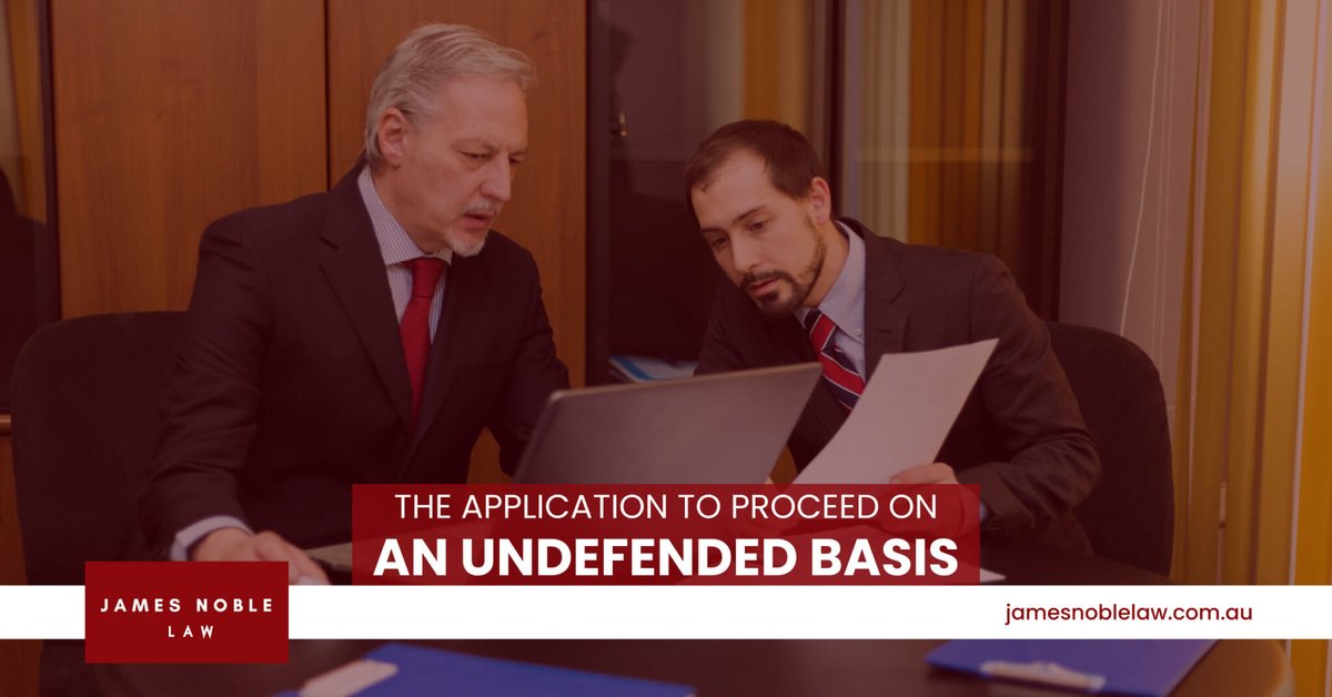 jamesnoblelaw's tweet photo. Application for undefended proceedings

The Court can make Orders where a party has been given an opportunity to participate in the proceedings but fails to do so.

Principles
The Family Law Rules provide mechanisms that allow the Court to determine a case https://t.co/qDbrk8yYQu https://t.co/XTxdsaTUnK