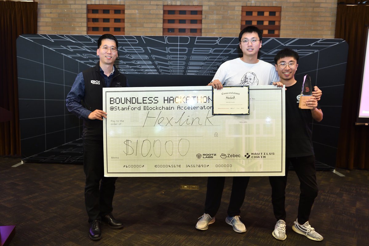rootzlabs's tweet photo. π Congratulations to project Hexlink for winning the first prize at the Boundless Hackathon at Stanford! ππ Your innovative solution has truly pushed the boundaries of technology. Special thanks to the Head of Eng at #OKX for presenting the award. #BoundlessHackathon https://t.co/ClSJZiLlDb