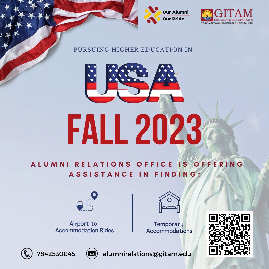 Howdy, alumni pursuing higher education in the USA in fall 2023!🔊🇺🇲

Need an airport ride or temporary accommodation in the USA? Connect with us for a seamless transition! 

Scan the QR code on the poster to request support.

#GITAM #AlumniSupport #OurAlumniOurPride