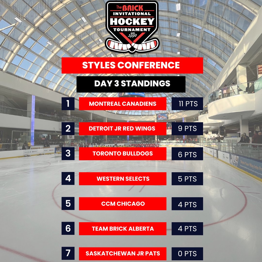 Here are the standings after the third day! Tune in at 7:30am MST tomorrow for more Brick Hockey Action.
