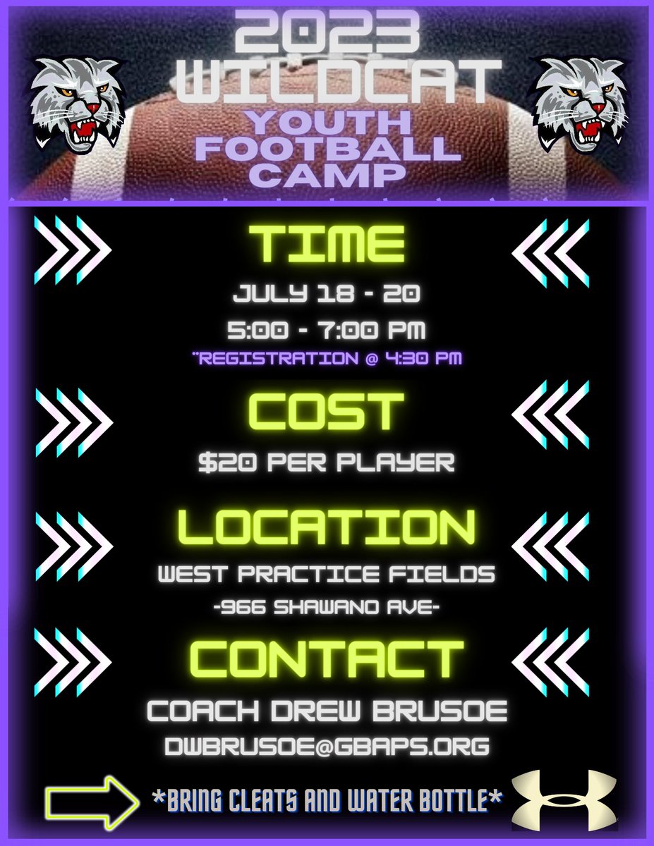 Coach_Brusoe's tweet photo. Green Bay Residents: West High School is hosting a youth football camp July 18th, 19th, and 20th! Registration will be at 4:30 PM and will run from 5:00 - 7:00 PM. Snacks and drinks will be provided to the participants at the conclusion of each day. https://t.co/Jx7F8m1WZ7