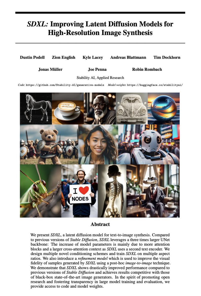 _akhaliq's tweet photo. SDXL: Improving Latent Diffusion Models for High-Resolution Image Synthesis

paper page: https://t.co/HVAUFDXwnW

present SDXL, a latent diffusion model for text-to-image synthesis. Compared to previous versions of Stable Diffusion, SDXL leverages a three times larger UNet backbone: The increase of model parameters is mainly due to more attention blocks and a larger cross-attention context as SDXL uses a second text encoder. We design multiple novel conditioning schemes and train SDXL on multiple aspect ratios. We also introduce a refinement model which is used to improve the visual fidelity of samples generated by SDXL using a post-hoc image-to-image technique. We demonstrate that SDXL shows drastically improved performance compared the previous versions of Stable Diffusion and achieves results competitive with those of black-box state-of-the-art image generators.