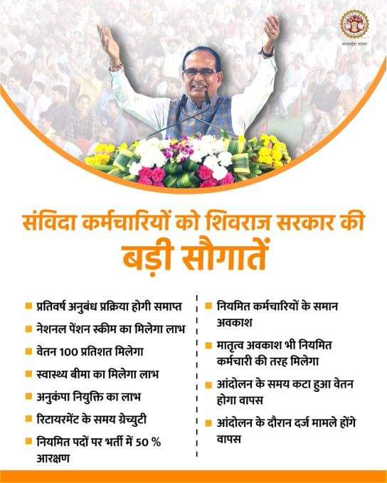 4 जुलाई 2023 को माननीय मुख्यमंत्री महोदय द्वारा संविदा कर्मचारियों के कल्याण के लिए विभिन्न घोषणाएं की गई । मैं माननीय मामाजी का आभार व्यक्त करता हूं बहुत-बहुत धन्यवाद ज्ञापित करता हूं। <a href="/ChouhanShivraj/">Shivraj Singh Chouhan</a> <a href="/CMMadhyaPradesh/">Chief Minister, MP</a> <a href="/JansamparkMP/">Jansampark MP</a>