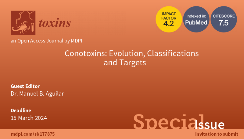 📢We are pleased to announce a new Special Issue "#Conotoxins: Evolution, Classifications and Targets". 
🎓Dr. Manuel B. Aguilar is serving as the Guest Editor. <a href="/UNAM_MX/">UNAM</a>
📖See more about the topic and submit your work: mdpi.com/si/177875